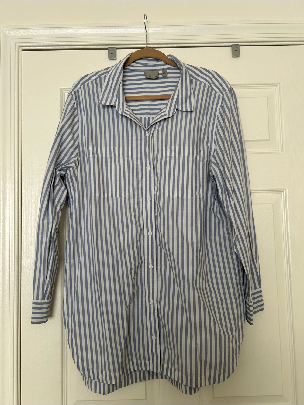 Athleta Blue and White Striped Button-Down Tunic Shirt